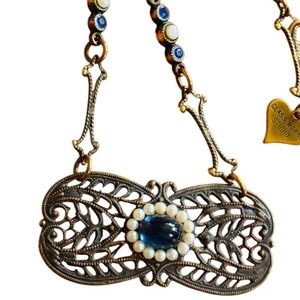 VTG Glass Works Studio signed Necklace Pearl Crystal enamel Chocker Filigree